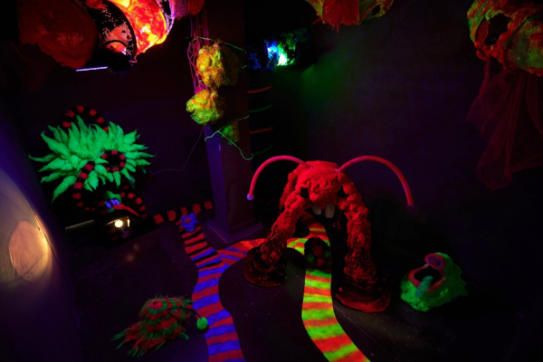 A mixed media installation of many sculptures; brightly coloured neon creatures and sculptures in a dark room lit by U.V lighting, with stripey pathways across the floor and net tube sculptures hanging from the ceiling and walls. Small hairy creatures explore the pathways across the floor.
