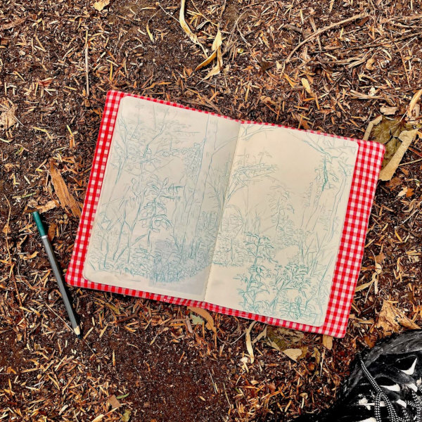A bird’s eye view photo of a double page spread of a green-blue pencil sketch, depicting woodlands. The sketchbook is placed on a gingham red softcover, lying on the earthy floor with a pencil and part of the artist’s shoe in the surroundings.